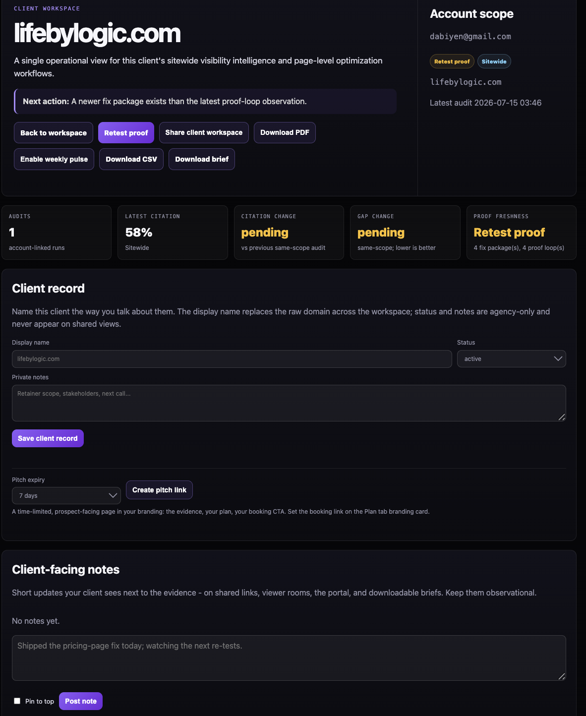A generated client pitch page with live visibility data