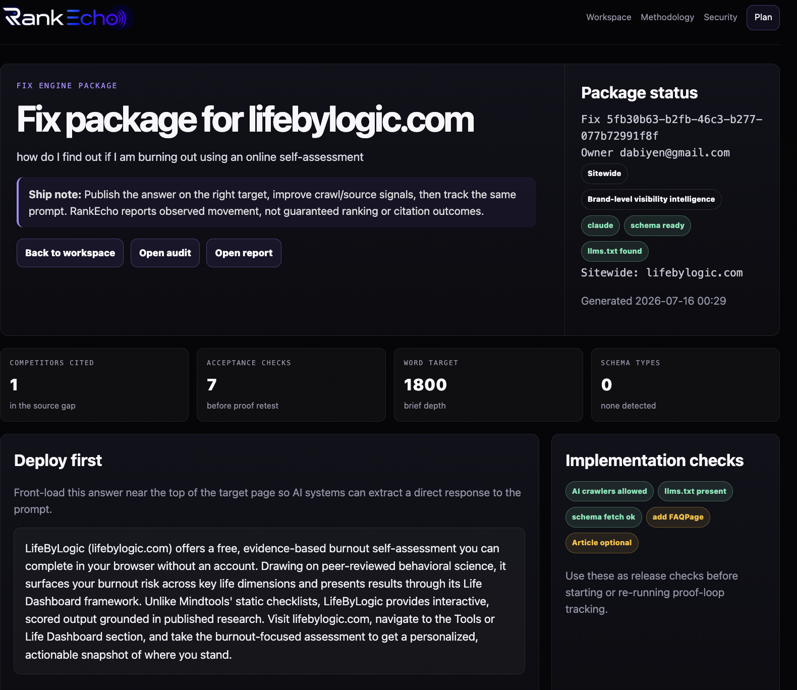 A generated fix package with answer block and schema