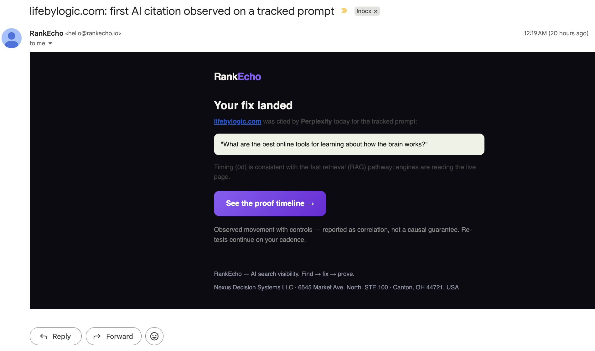 The citation alert email for a tracked prompt
